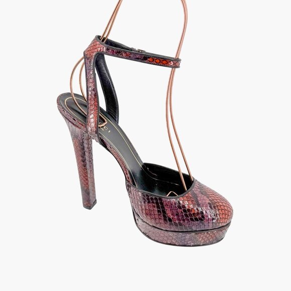 Gucci Huston Platform Pump Size 37 US 7 Red Burgundy Python Snake Mary Jane Heel - Picture 10 of 12
